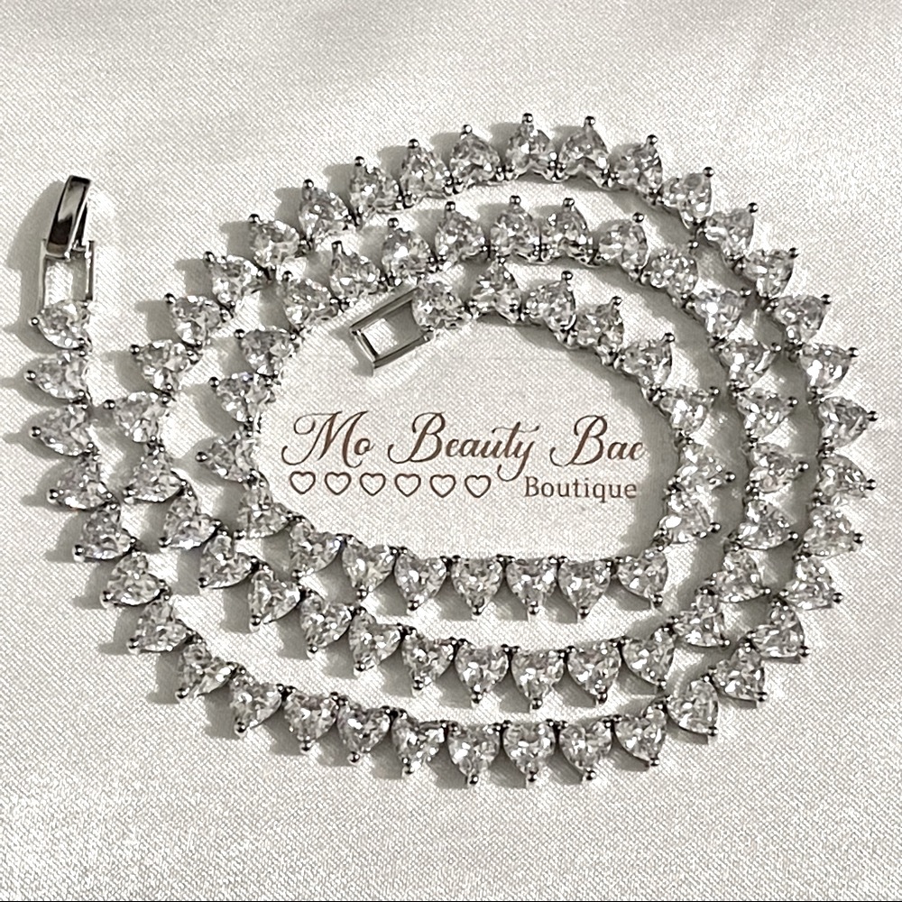 Silver Crystal Heart Chain Necklace